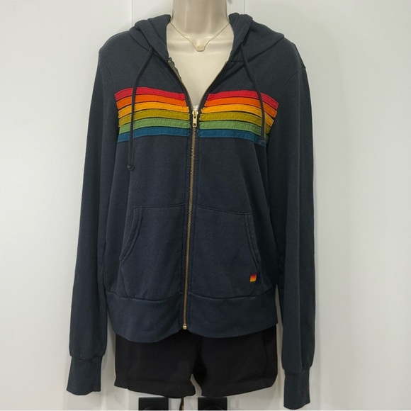 Aviator Nation 6 Stripe Zip Hoodie Charcoal Gray Rainbow Small Beachy Retro Rare - Picture 5 of 13